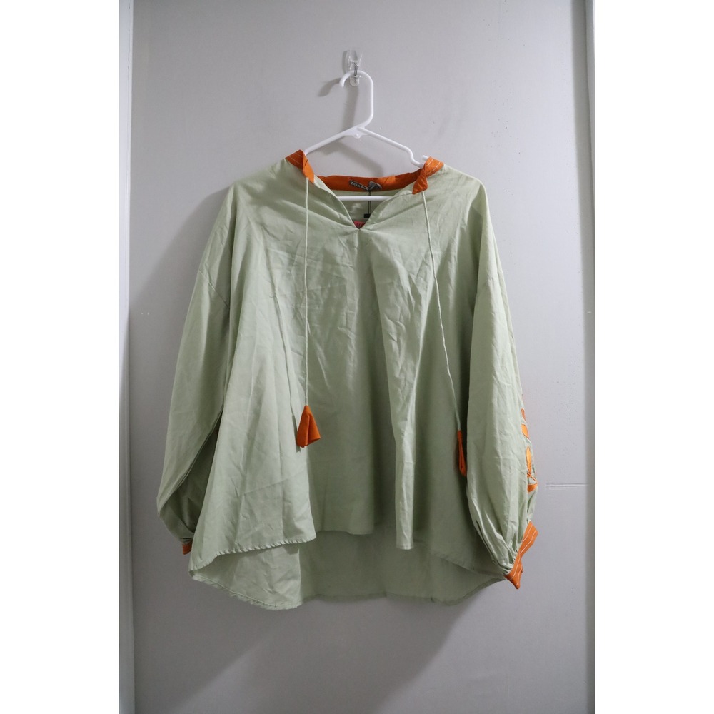 Zellbury West Sage Green Cotton Embroidered Tassel Tunic Top Orange Trim Large